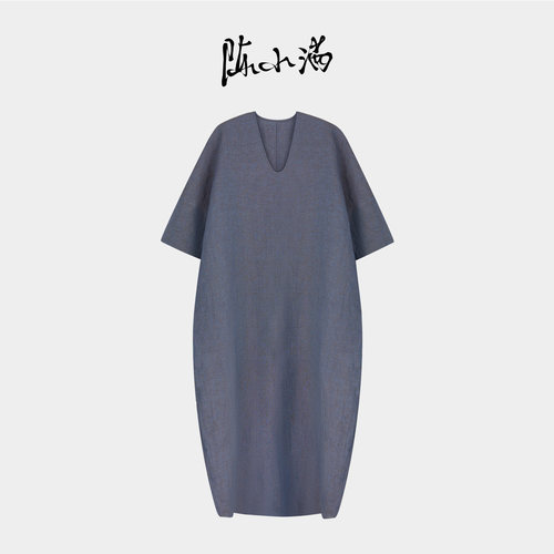 纯亚麻苍蓝V领短袖连衣裙