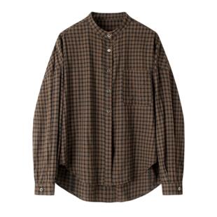 陈小满原创设计棉麻立领前短后长衬衫 衬衣 女2026春设计感格纹长袖