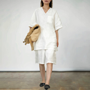 陈小满原创设计时尚气质亚麻短袖套装女2025新款宽松休闲两件套