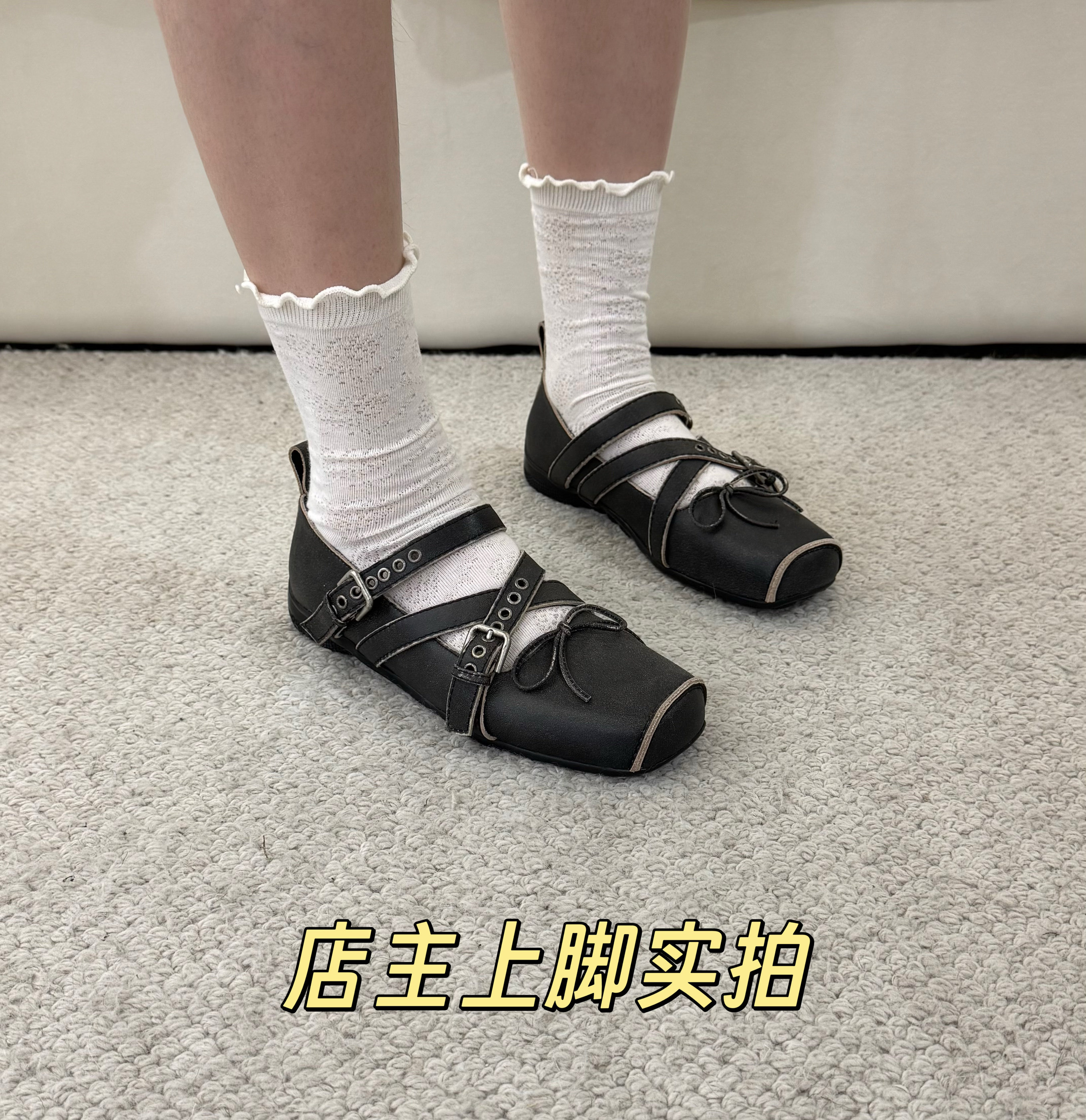 法式浅口蝴蝶结交叉扣猪鼻子牛皮粗跟单鞋女open休闲芭蕾舞鞋yy