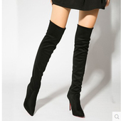 欧美经典 尖头细高跟10CM包腿长靴大码 款 黑色羊绒弹力过膝靴时尚