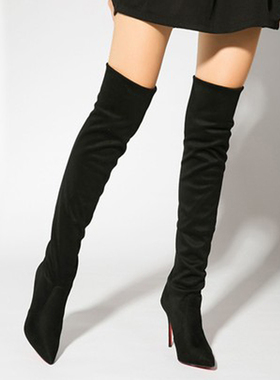 欧美经典款黑色羊绒弹力过膝靴时尚尖头细高跟10CM包腿长靴大码44