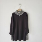 打底衫 上衣女宽松百搭中长款 女 假两件条纹拼接圆领长袖 日单春秋季