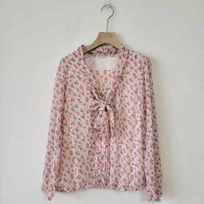 日单春夏季田园风碎花系带蝴蝶结衬衫女长袖针织扣百搭日系女上衣