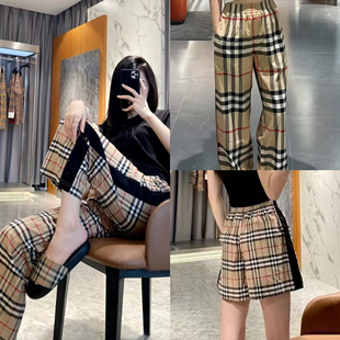 （高品质）春夏季女士经典格子阔腿短裤黑白边条纹休闲高腰长裤女