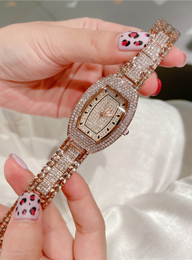 法式玫瑰金轻奢镶钻手表女款酒桶形高级感气质满钻石英表 A308