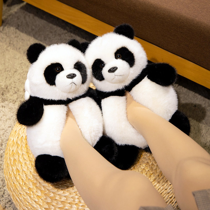可爱大熊猫毛绒玩偶棉鞋女生居家室内拖鞋厚底包跟防滑冬季保暖