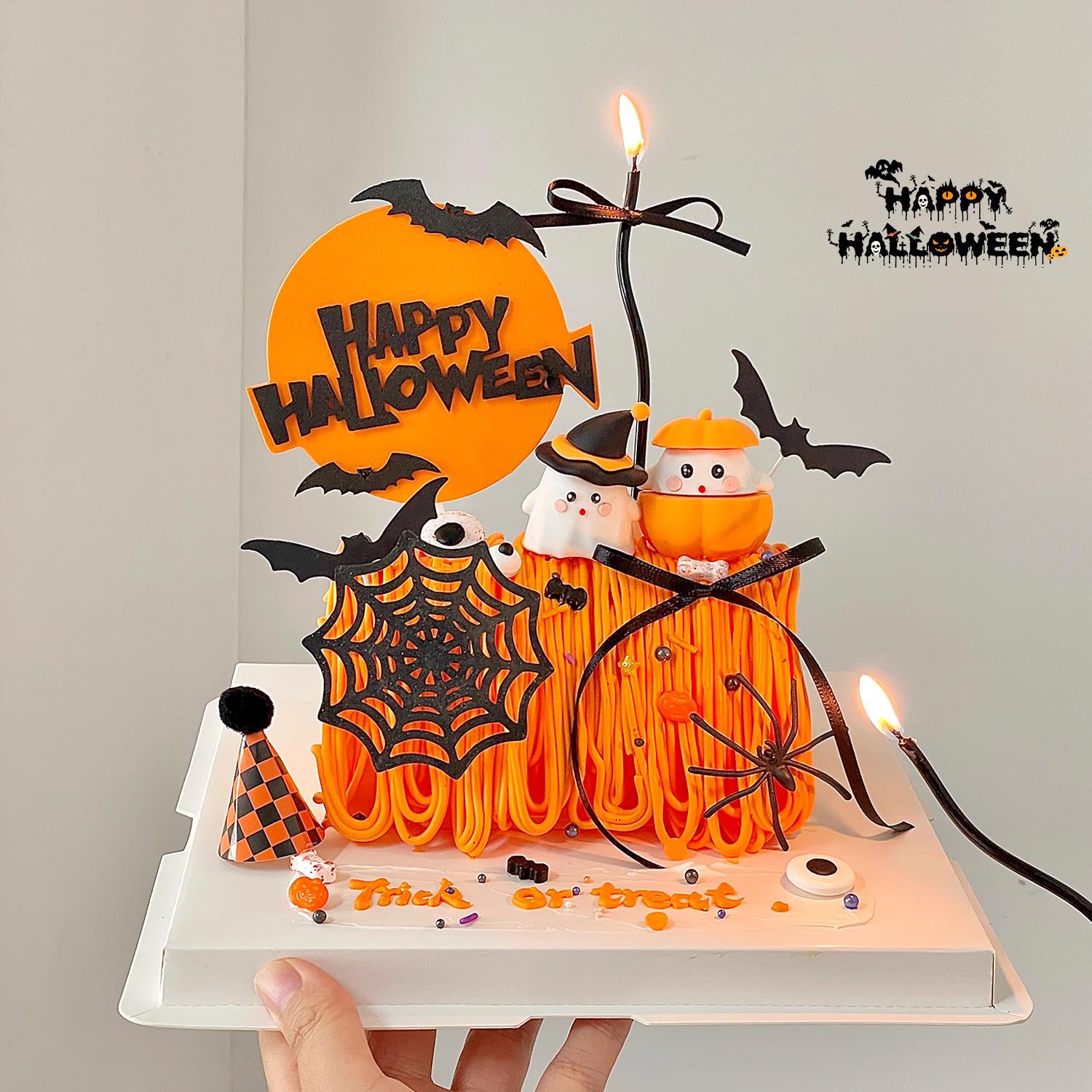 2025万圣节蛋糕装饰南瓜帽幽灵摆件蜘蛛网蝙蝠halloween圆牌插件