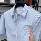 清仓捡漏棉质复古日系工装 衬衣男寸衫 口袋宽松牛津纺条纹衬衫 短袖