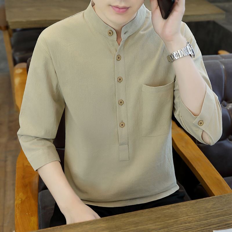 中国风七分袖衬衫夏季棉麻唐装汉服新款休闲立领寸衣中袖衣服上衣