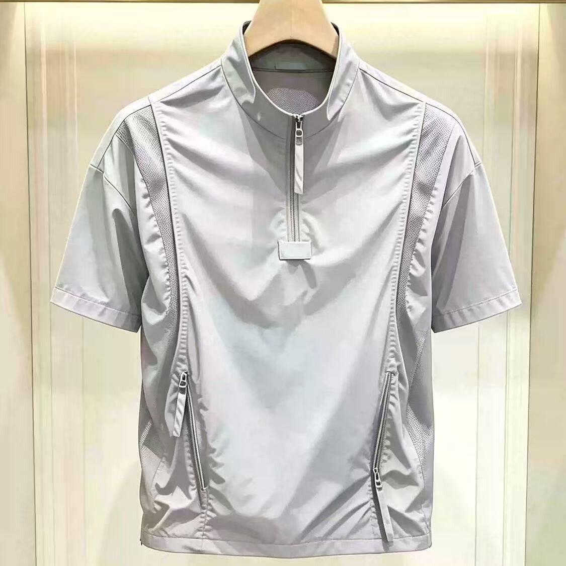 夏季速干半拉链立领短袖男透气宽松潮休闲百搭T恤冰丝防晒半袖衫