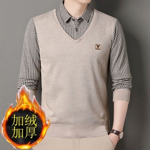 男士 一体绒毛衣2025新款 领针织衫 加绒加厚衬衫 假俩件保暖线衣 冬季