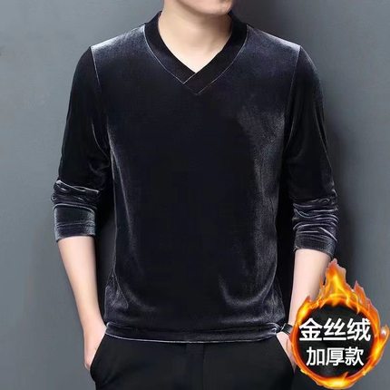 男士金丝绒高端卫衣加绒加厚秋冬季新款V领长袖T恤打底衫男款潮
