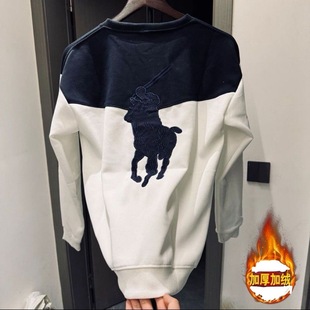 网红小伙拼接撞色刺绣战马加绒卫衣男女圆领长袖T恤百搭轻奢上衣