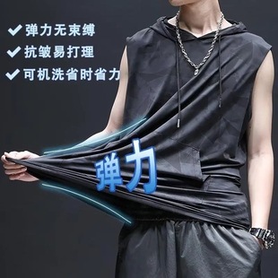 夏季迷彩连帽冰丝背心男士宽松运动健身卫衣潮流带帽速干无袖T恤