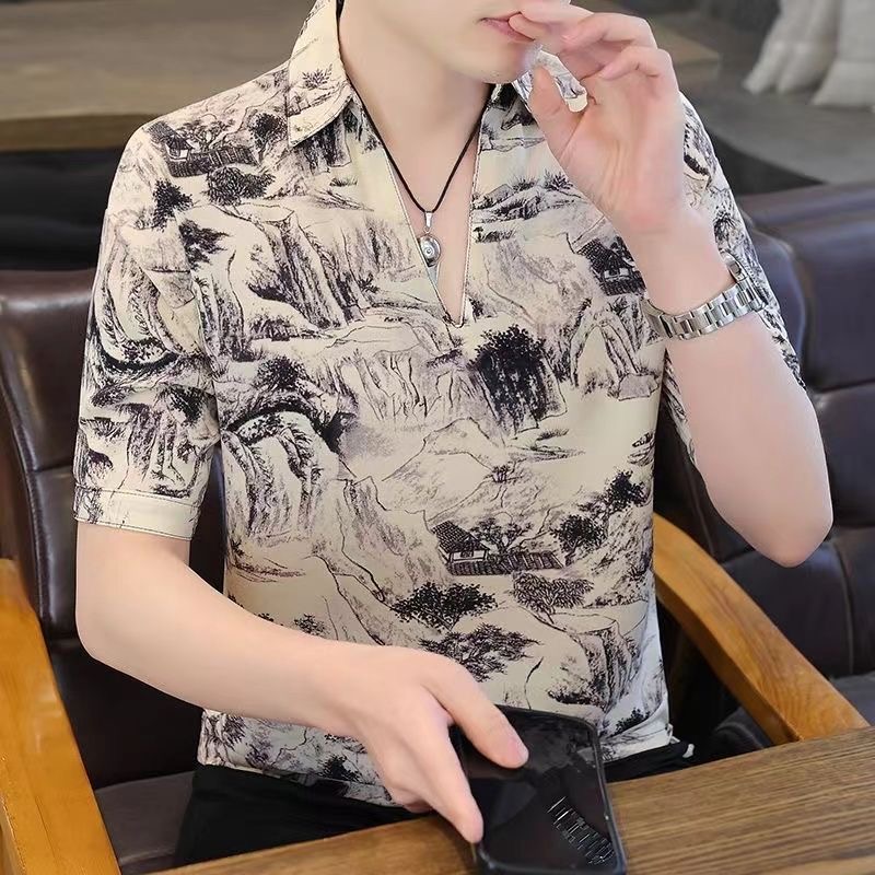 潮牌夏季短袖休闲满印冰丝POLO衫