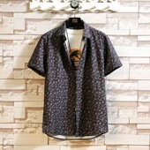 短袖 夏季 高级感花衬衫 男士 潮牌痞帅潮流修身 寸衫 薄款 冰丝碎花衬衣