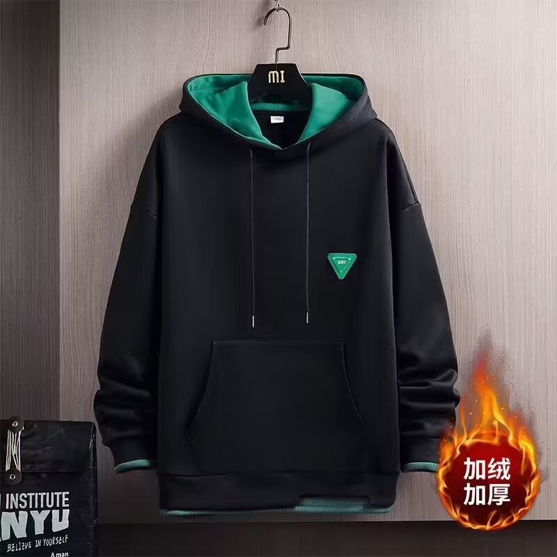 拼色加绒卫衣连帽冬季男生外套