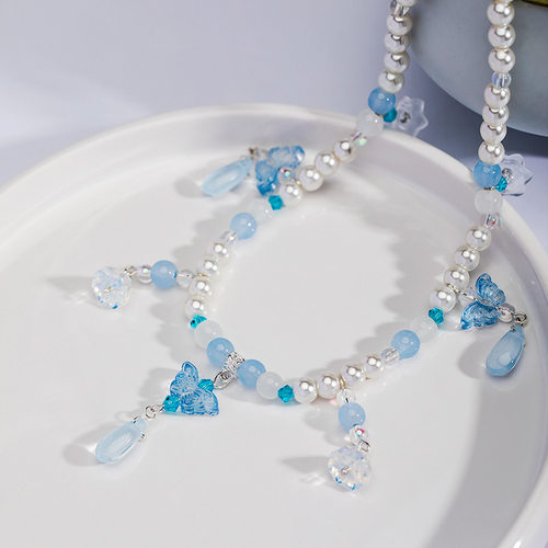 新中式汉服项链湖蓝色古风配饰流苏珍珠软璎珞