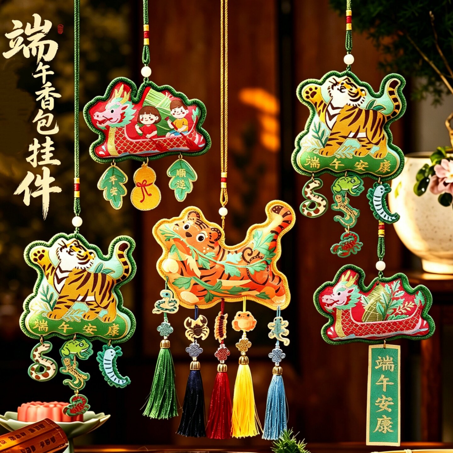 端午车载刺绣艾草驱蚊香囊挂饰图片