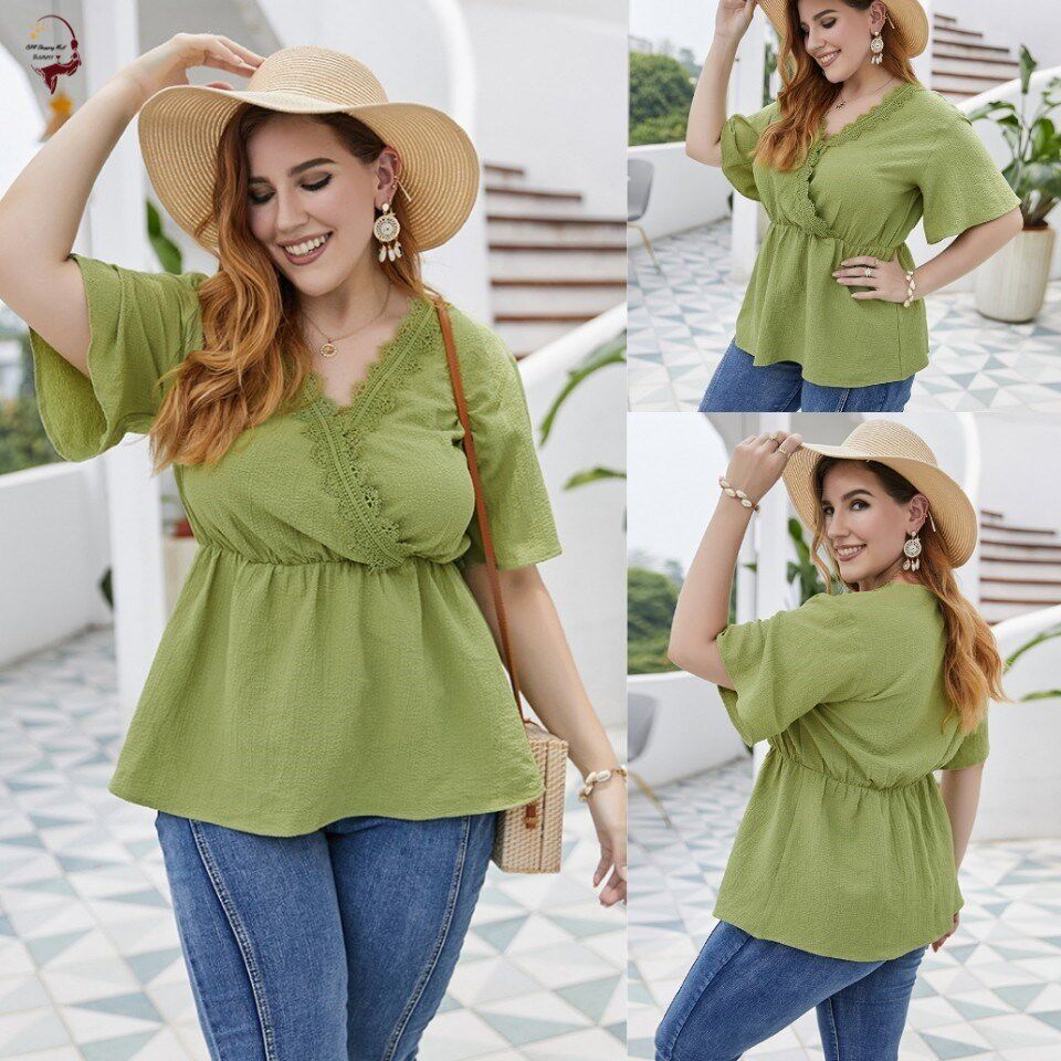 fat women lace shirts plus size summer short sleeves tops 衣