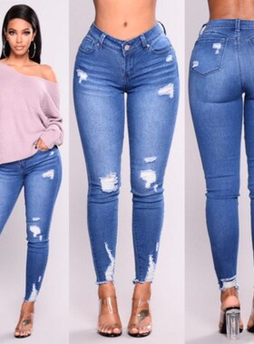 fashion elastic ripped jeans women ladies pants trousers女裤