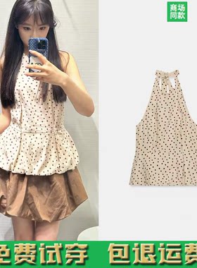 2026夏季新品 女装 露背波点亚麻混纺挂脖领上衣 3911700 930