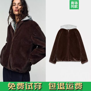 8073334700 假两件拼接人造皮草效果连帽夹克外套 秋冬新品 女装