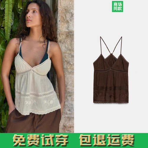 ZA春夏新品女装辣妹纯欲风V领蕾丝拼接薄纱刺绣吊带背心0881022