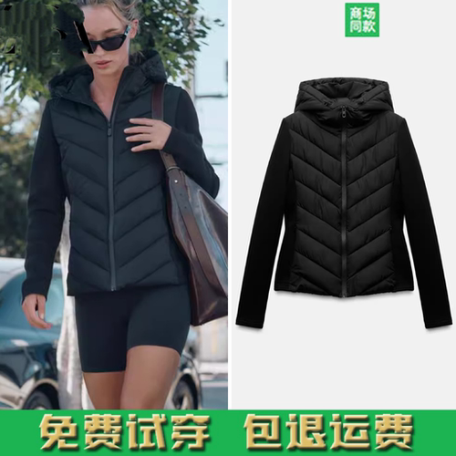 立领修身棉衣拼接连帽棉服外套