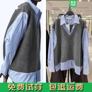 2142211 055 休闲设计感宽松假两件针织马甲衬衫 秋冬女装