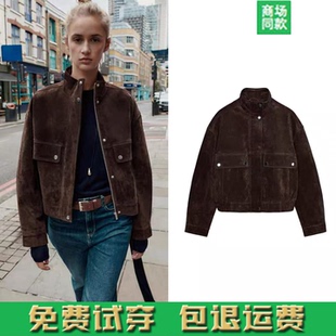 2025秋季女装短款大口袋饰反绒皮飞行员外套工装立领夹克 3046258