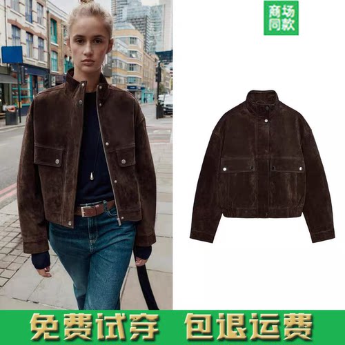 2025秋季女装短款大口袋饰反绒皮飞行员外套工装立领夹克 3046258