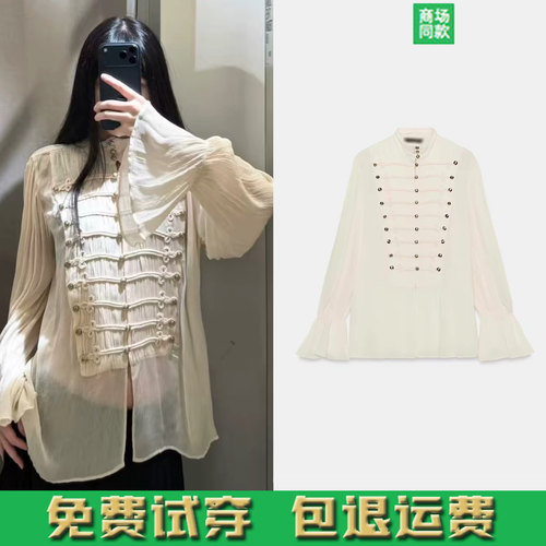ZA家2026秋季新款女装长袖法式甜美立领绳结扣拿破仑衬衫5107246