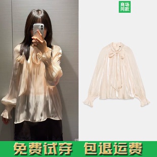 ZA家2026秋季新品女装法式长袖立领蝴蝶结饰丝缎质感衬衫8741252