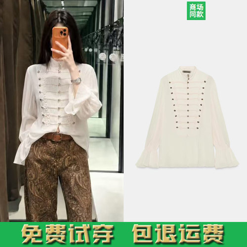 ZA家2026秋季新款女装长袖法式甜美立领绳结扣拿破仑衬衫5107246