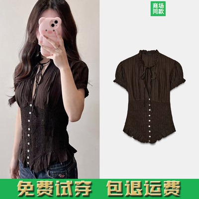 春夏新款女装甜美时尚泡泡短袖蝴蝶结构造衬衫女上衣 7521020