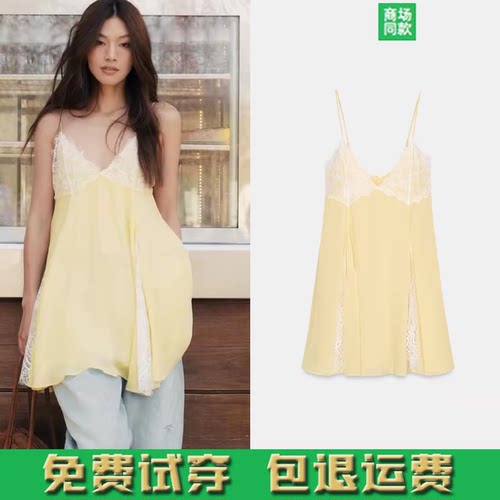 ZA女装 春夏新品甜辣风性感V领撞色蕾丝拼接吊带短连衣裙 4772321