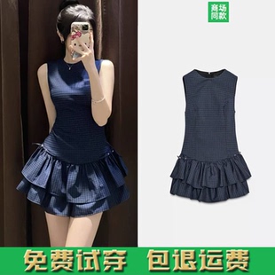 秋季新品女装甜美格纹叠层装饰无袖收腰背心裙连衣裙 3067269