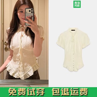 春夏季女装辣妹纯欲风修身V领蝴蝶结系带饰泡泡短袖单衬衫4661070