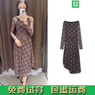 秋季新品女装弹力修身显瘦长袖格子绢网中长款连衣裙 5039845 700