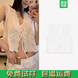 夏季 刺绣白衬衫 女 辣妹纯欲风宽松蝴蝶结饰无袖 0881017 装 2025