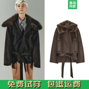 新品 1255839 女装 羊毛混纺大衣外套毛呢 507 系带皮草毛领长袖 冬季