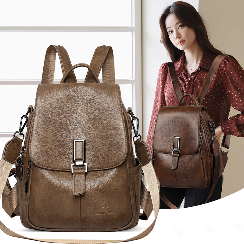 袋鼠时尚真皮双肩包女包2026新款女士通勤大容量韩国旅行牛皮背包