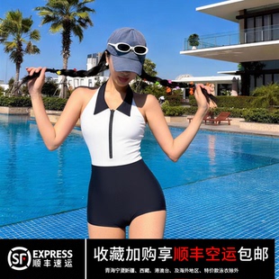 涵韵海泳衣女复古Polo领绝美拉链连体露背平角裙运动显瘦度假温泉