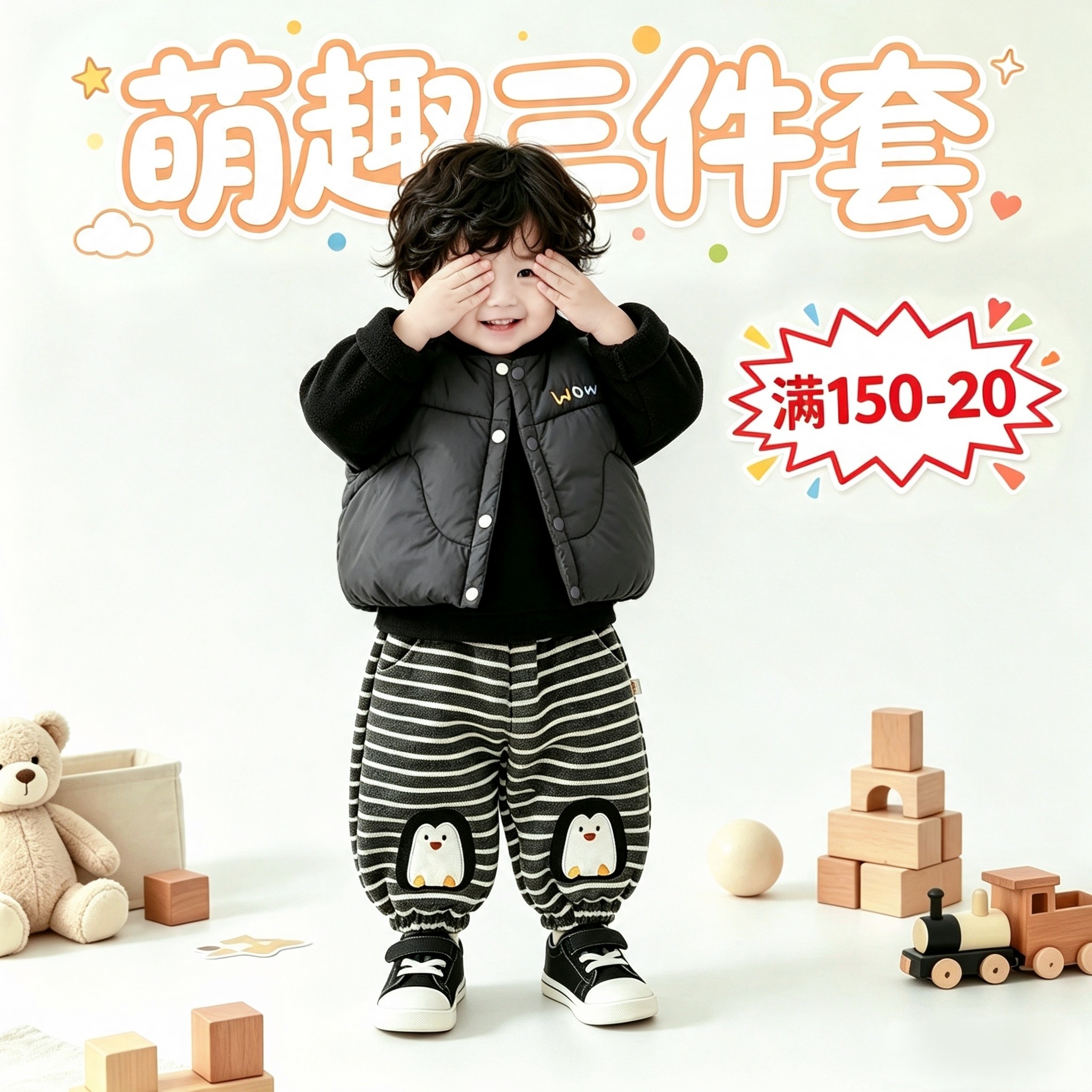 棉服马甲宝宝秋冬新款背心外穿婴儿童韩版加厚外套搭叠穿黑色羽绒