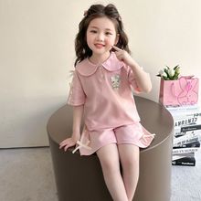 女童夏季套装2025新款女宝宝娃娃领粉色薄款两件套小儿童运动衣服