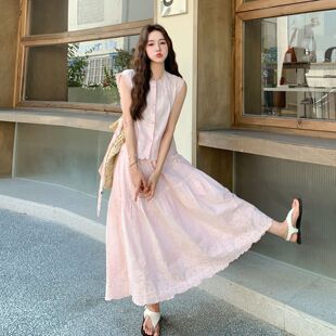 上衣半身裙两件套 巨好看甜美套装 女2025夏季 新款 粉色刺绣蕾丝无袖