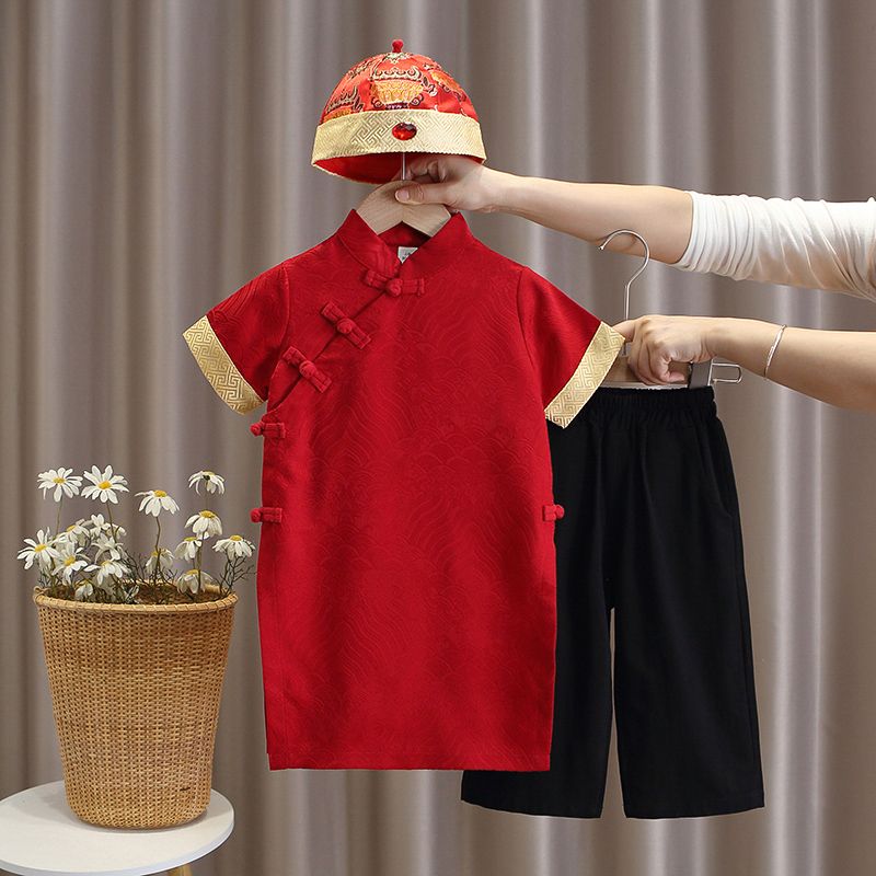 周岁礼服男宝宝中式短袖长衫套装男童唐装汉服儿童夏季抓周宴衣服
