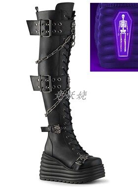 美国代购Pleaser/Demonia11.4cm厚底坡跟链条夜光装饰过膝靴女靴